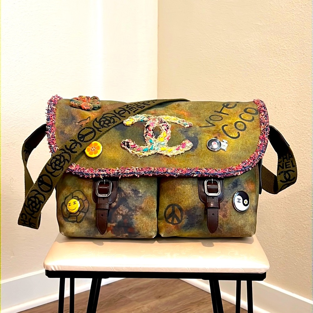 Chanel Green Canvas Large Messenger Bag